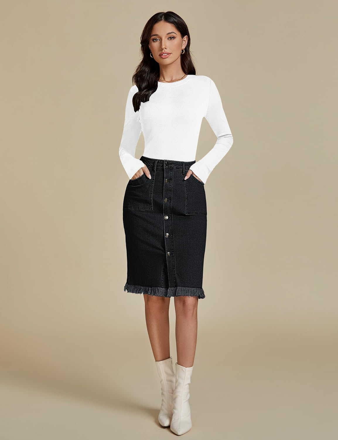 luvamia Womens Casual Mid Rise Button Down Frayed Raw Hem Denim Jean Midi SkirtS Soft Black