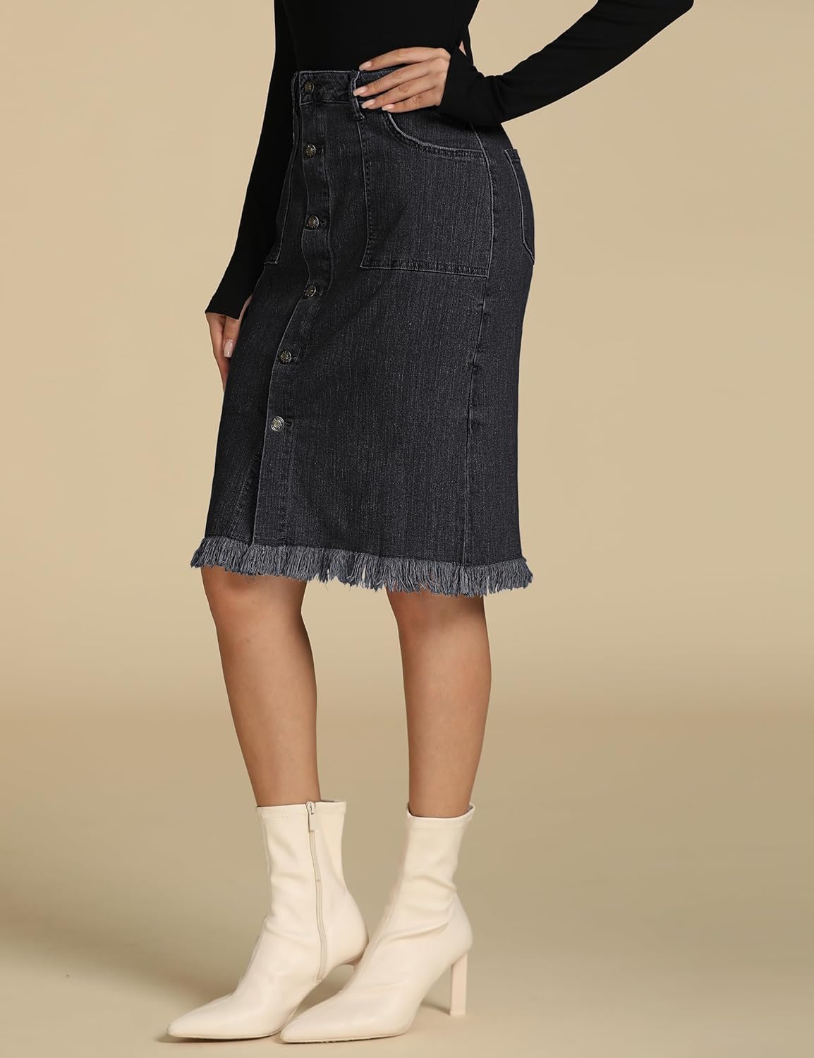 luvamia Womens Casual Mid Rise Button Down Frayed Raw Hem Denim Jean Midi SkirtS Soft Black