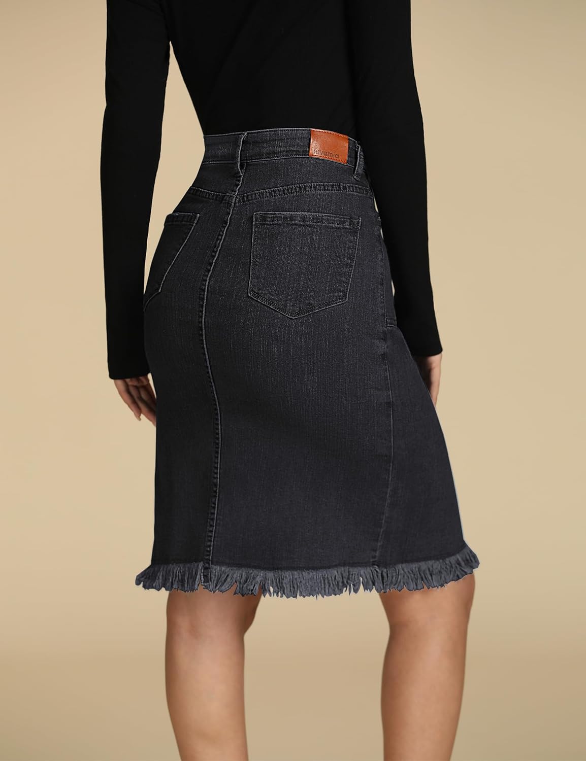 luvamia Womens Casual Mid Rise Button Down Frayed Raw Hem Denim Jean Midi SkirtS Soft Black