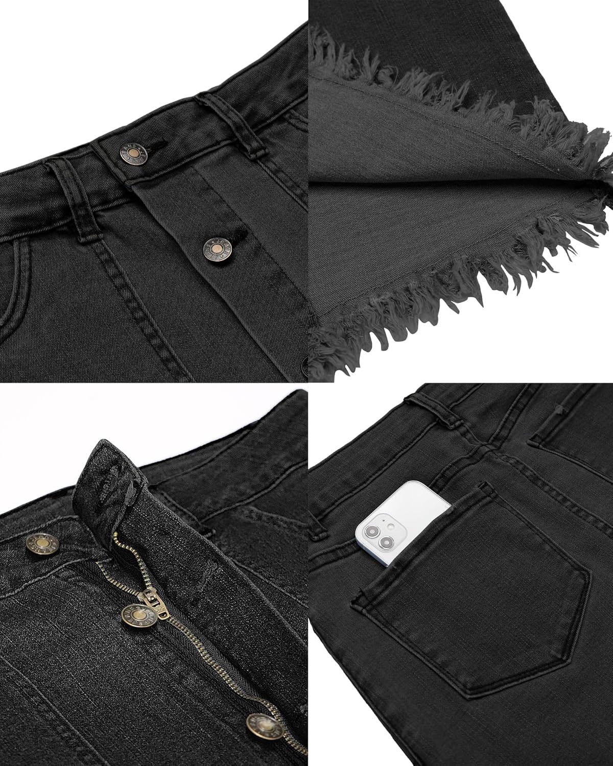luvamia Womens Casual Mid Rise Button Down Frayed Raw Hem Denim Jean Midi SkirtS Soft Black