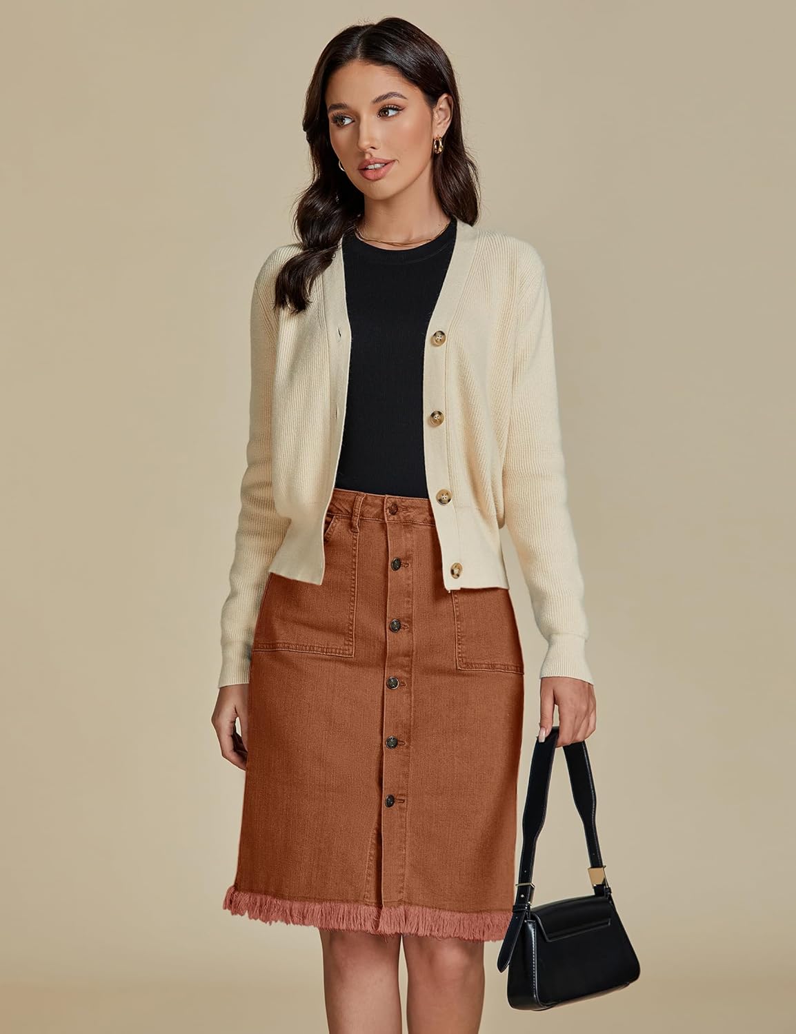 luvamia Womens Casual Mid Rise Button Down Frayed Raw Hem Denim Jean Midi SkirtUmber Brown