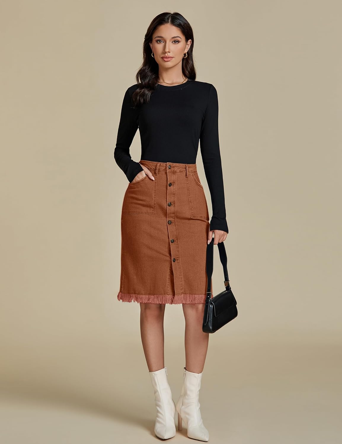 luvamia Womens Casual Mid Rise Button Down Frayed Raw Hem Denim Jean Midi SkirtUmber Brown