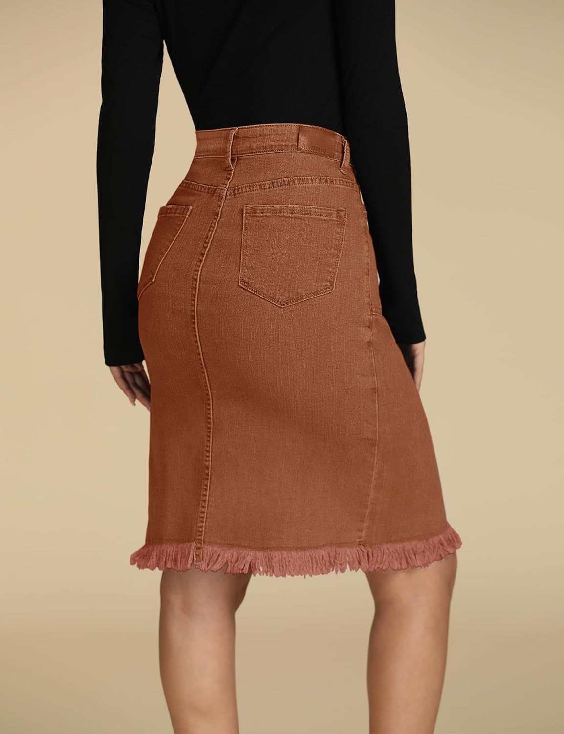 luvamia Womens Casual Mid Rise Button Down Frayed Raw Hem Denim Jean Midi SkirtUmber Brown