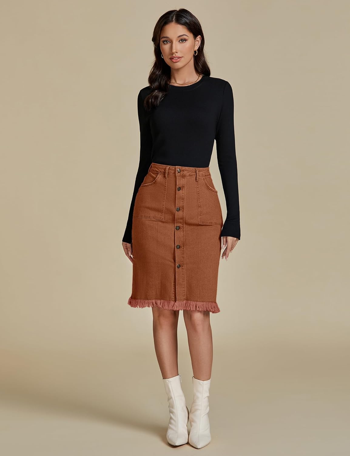 luvamia Womens Casual Mid Rise Button Down Frayed Raw Hem Denim Jean Midi SkirtUmber Brown