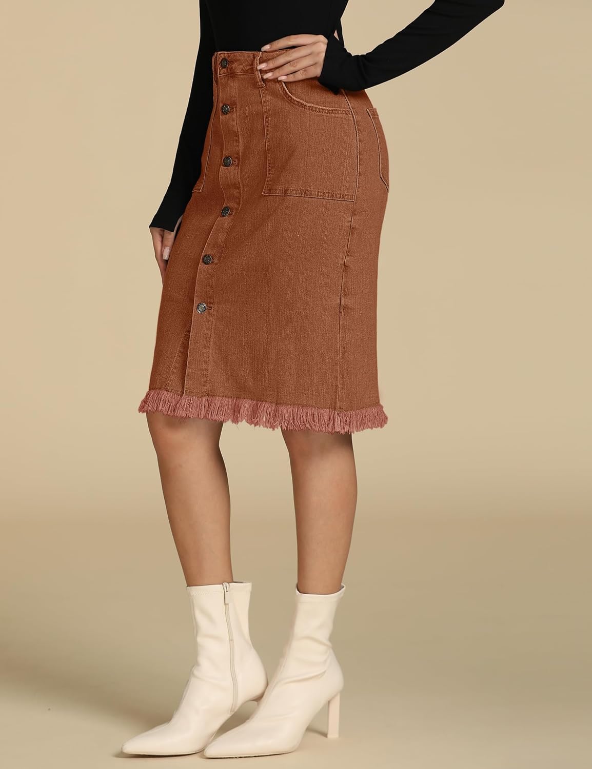 luvamia Womens Casual Mid Rise Button Down Frayed Raw Hem Denim Jean Midi SkirtUmber Brown
