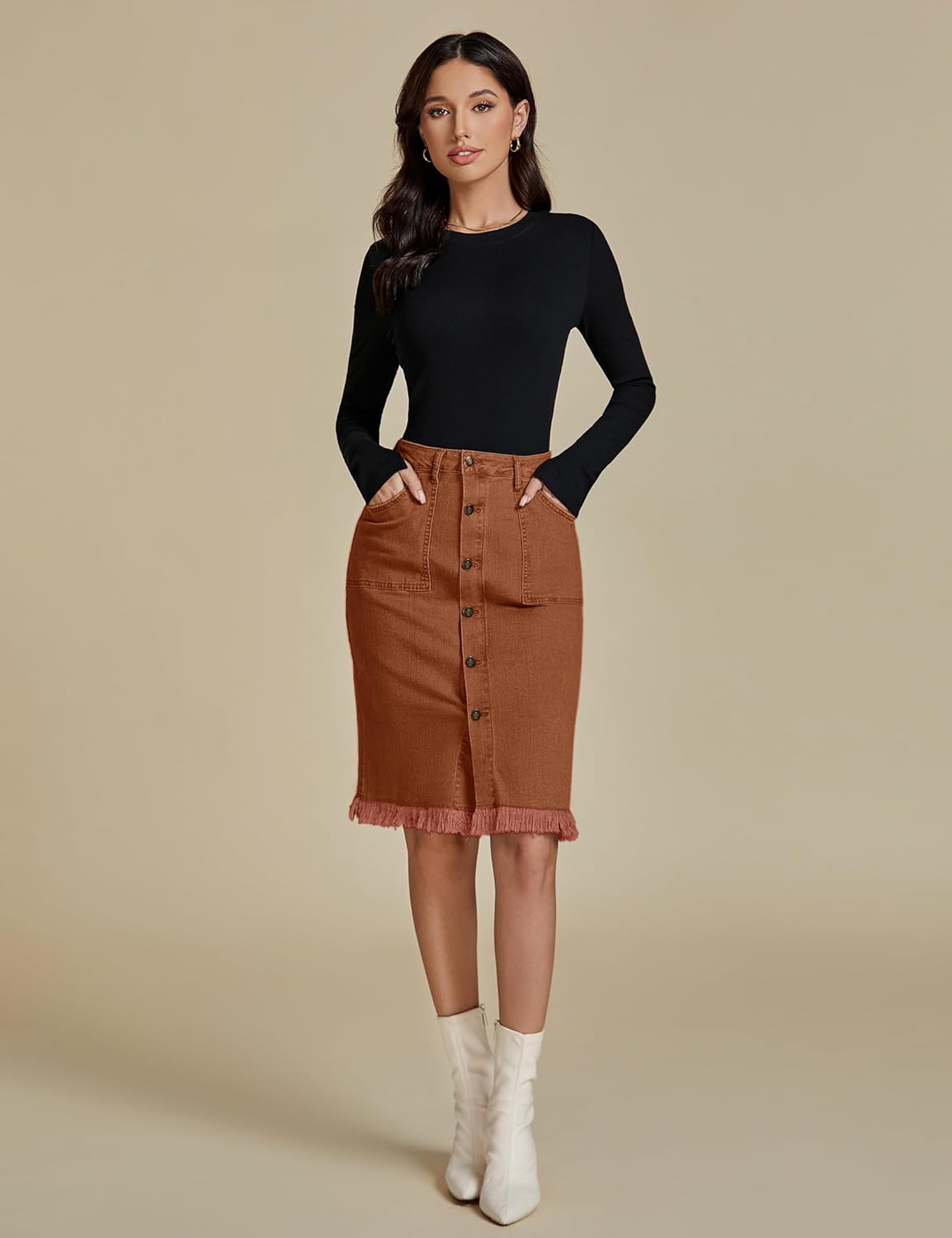 luvamia Womens Casual Mid Rise Button Down Frayed Raw Hem Denim Jean Midi SkirtUmber Brown