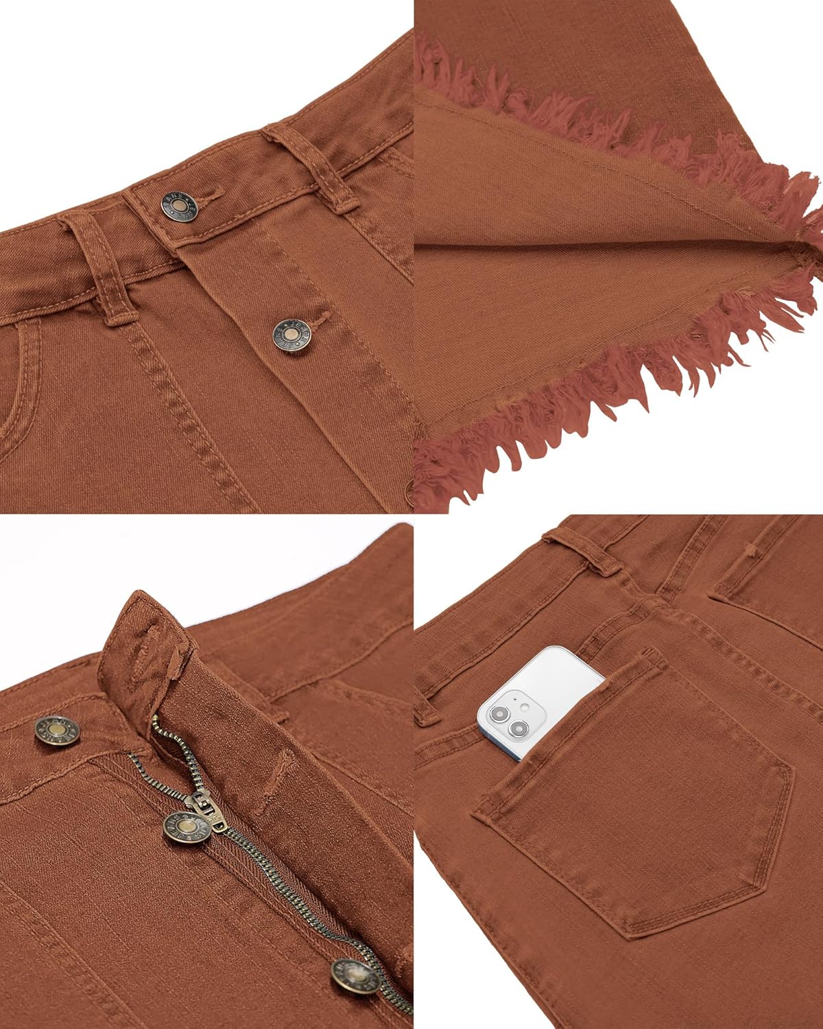 luvamia Womens Casual Mid Rise Button Down Frayed Raw Hem Denim Jean Midi SkirtUmber Brown