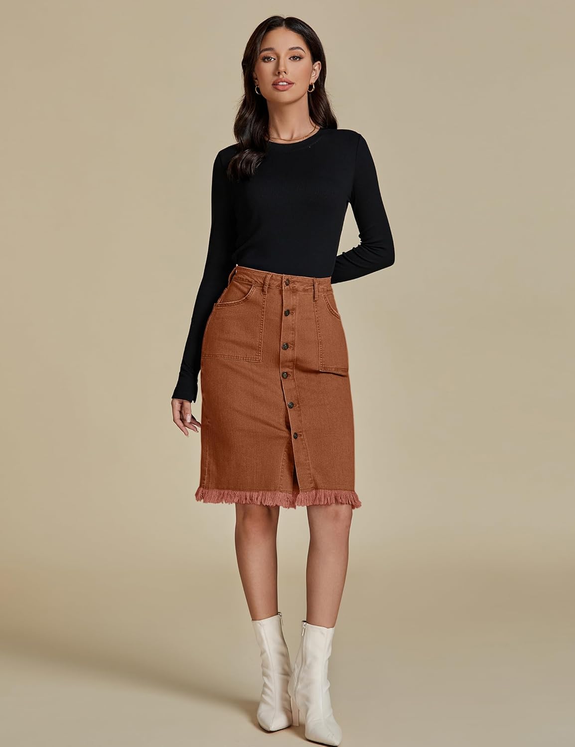 luvamia Womens Casual Mid Rise Button Down Frayed Raw Hem Denim Jean Midi SkirtUmber Brown
