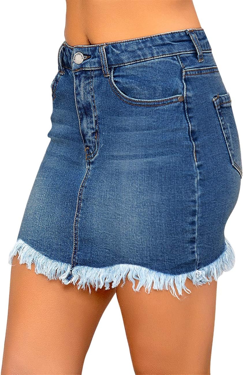 luvamia Womens Casual Mid Waisted Washed Frayed Pockets Denim Jean Short SkirtA Nightfall Blue