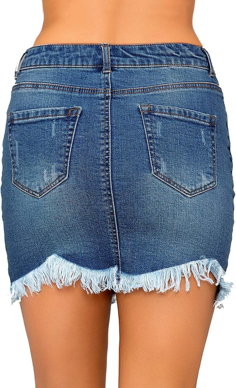 luvamia Womens Casual Mid Waisted Washed Frayed Pockets Denim Jean Short SkirtA Nightfall Blue