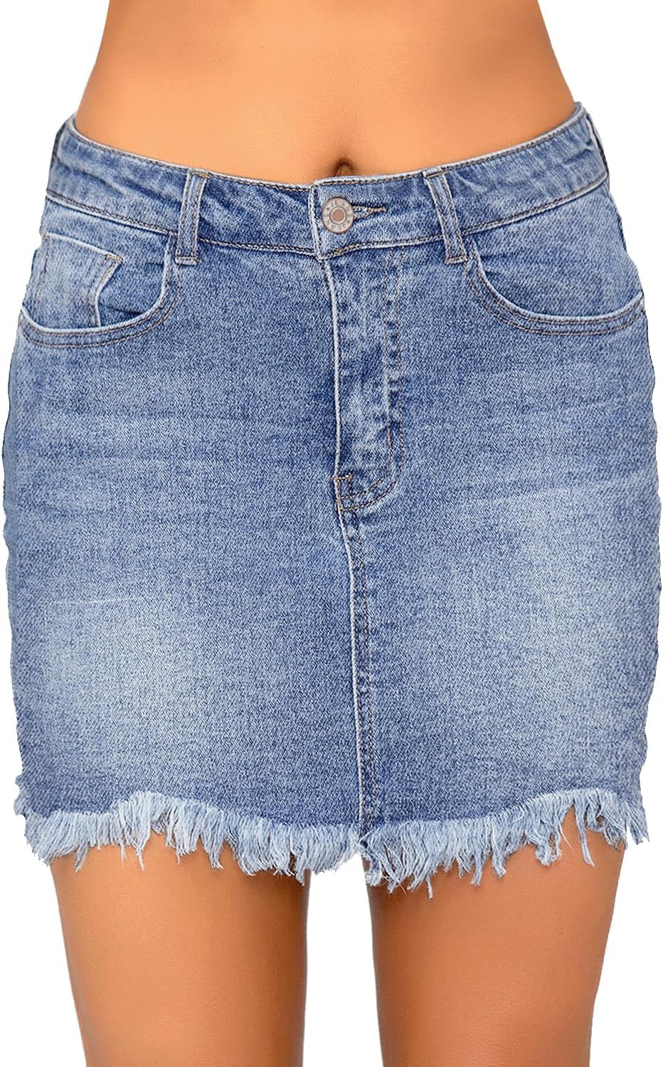 luvamia Womens Casual Mid Waisted Washed Frayed Pockets Denim Jean Short SkirtA1 Bay Blue