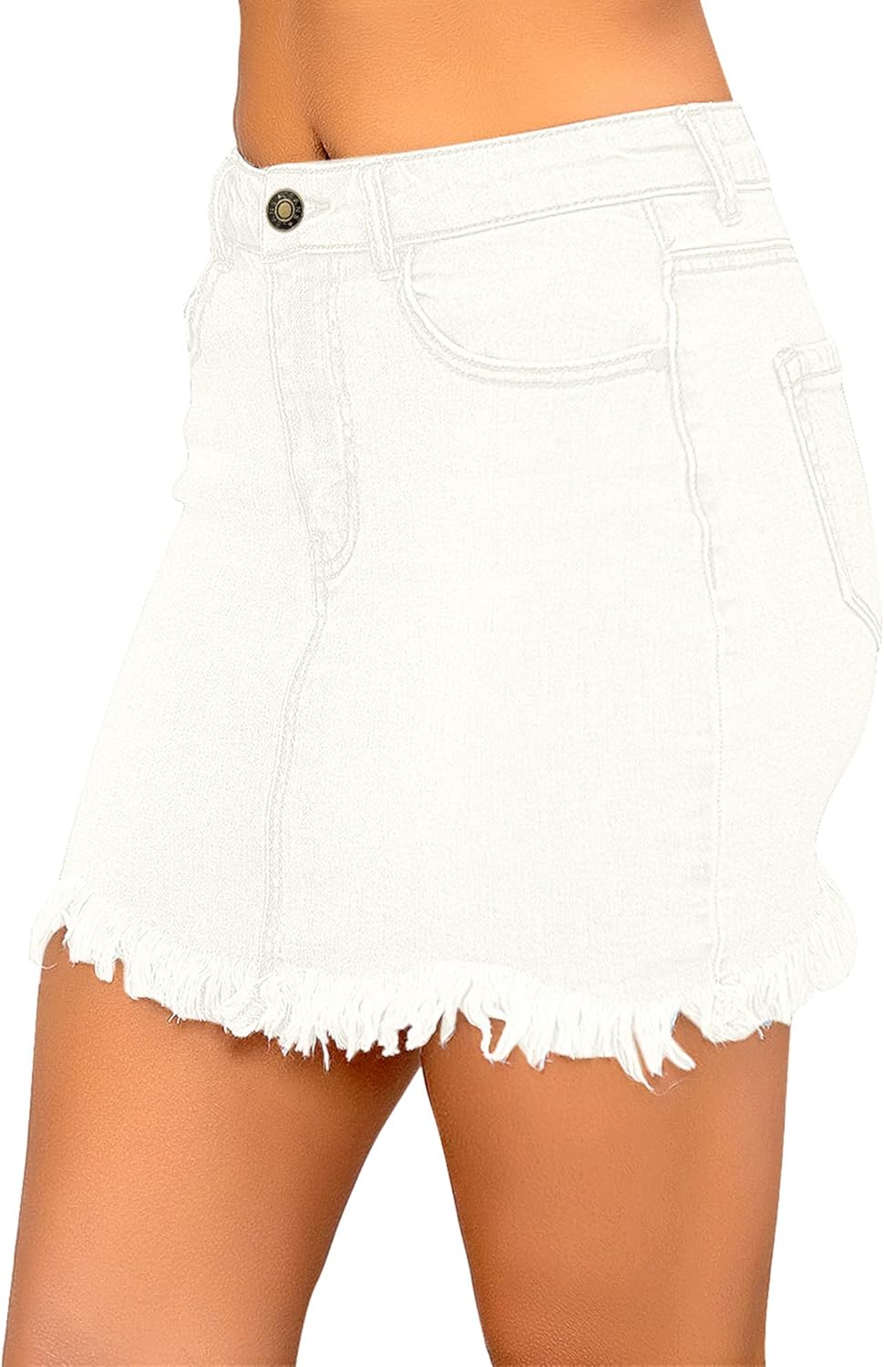 luvamia Womens Casual Mid Waisted Washed Frayed Pockets Denim Jean Short SkirtA1 Brilliant White