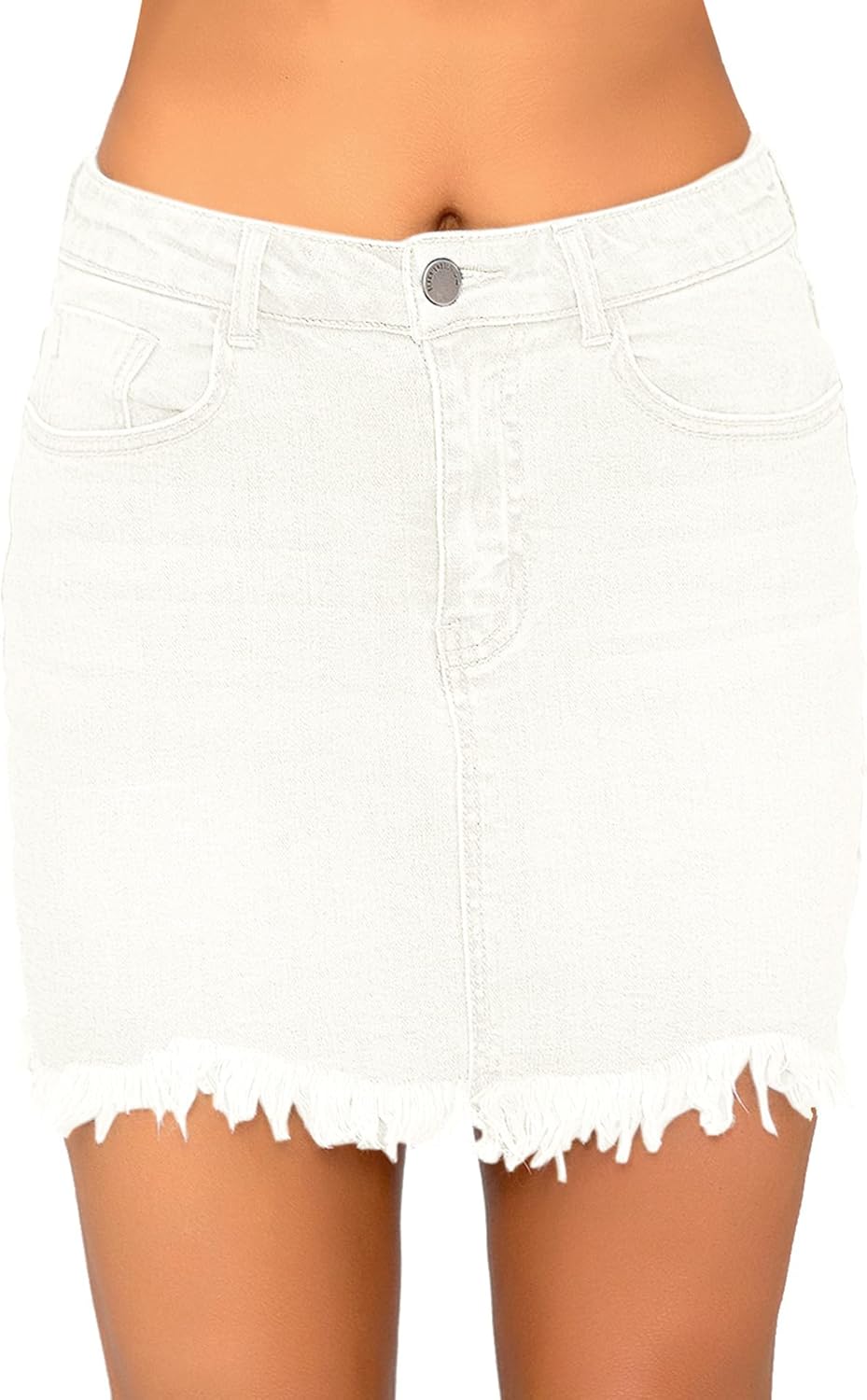 luvamia Womens Casual Mid Waisted Washed Frayed Pockets Denim Jean Short SkirtA1 Brilliant White