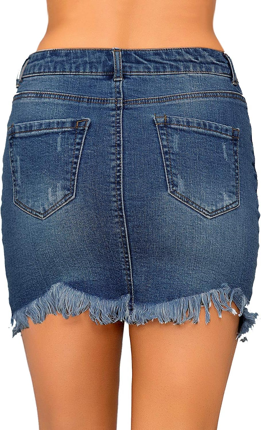 luvamia Womens Casual Mid Waisted Washed Frayed Pockets Denim Jean Short SkirtA1 Dark Atlantic Blue