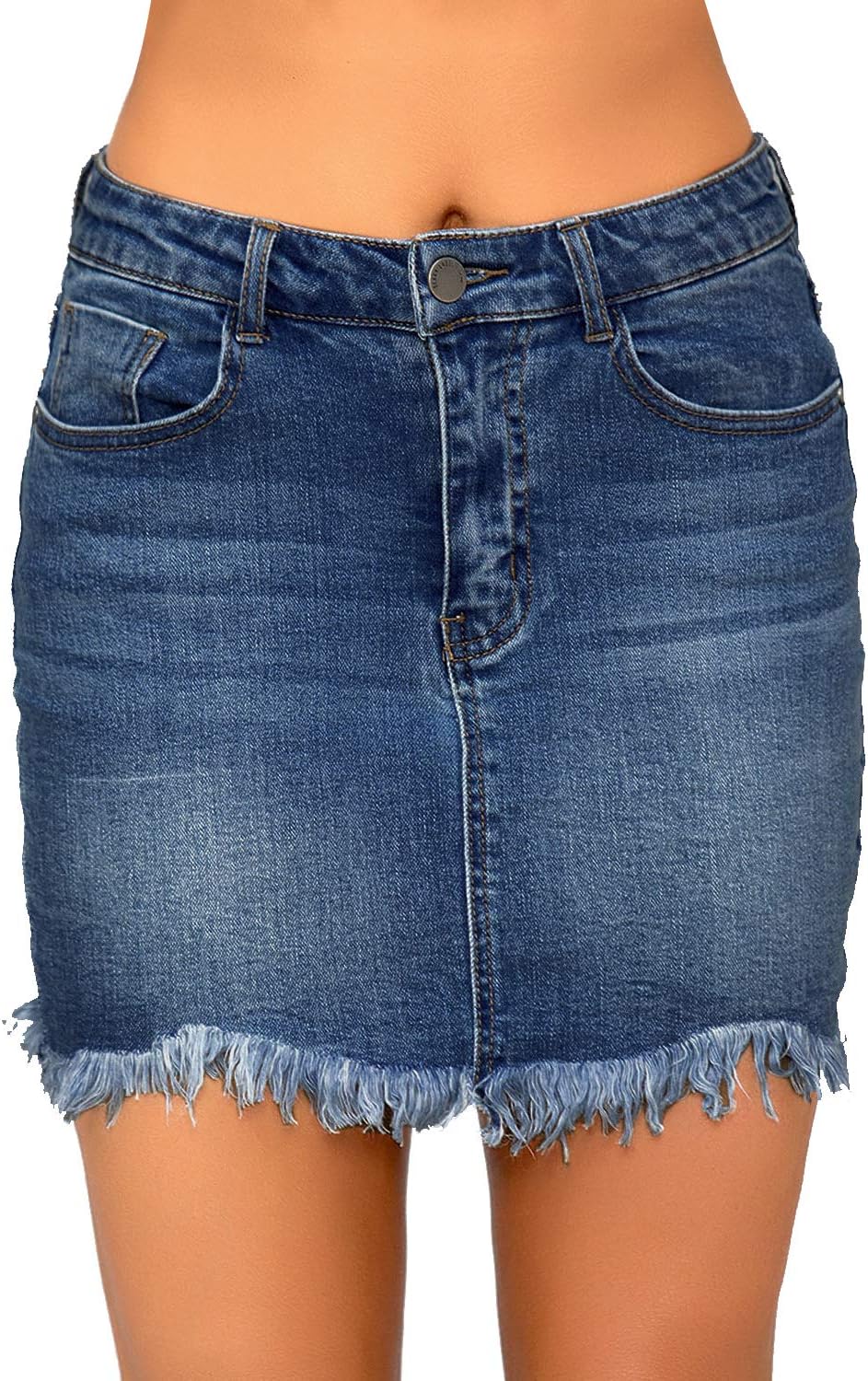 luvamia Womens Casual Mid Waisted Washed Frayed Pockets Denim Jean Short SkirtA1 Dark Atlantic Blue