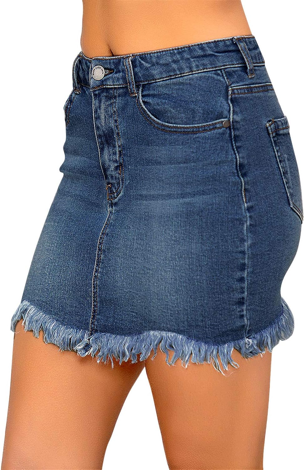 luvamia Womens Casual Mid Waisted Washed Frayed Pockets Denim Jean Short SkirtA1 Dark Atlantic Blue
