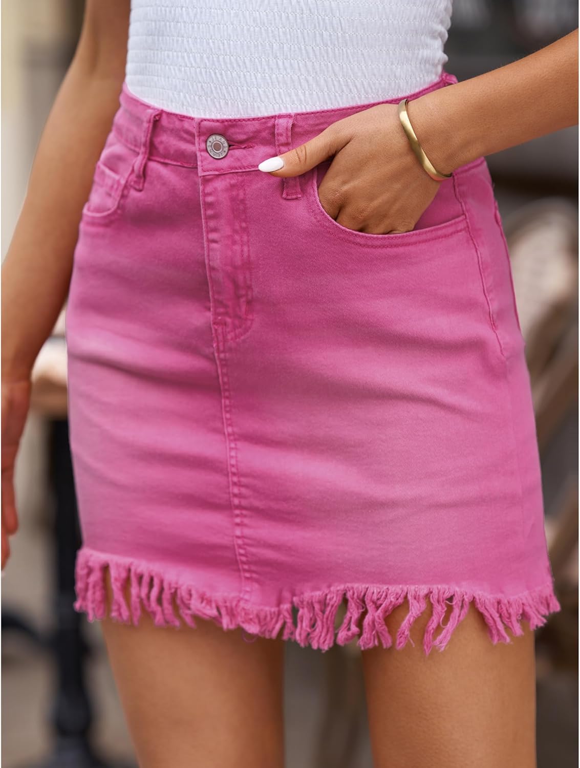 luvamia Womens Casual Mid Waisted Washed Frayed Pockets Denim Jean Short SkirtA1 Hot Pink