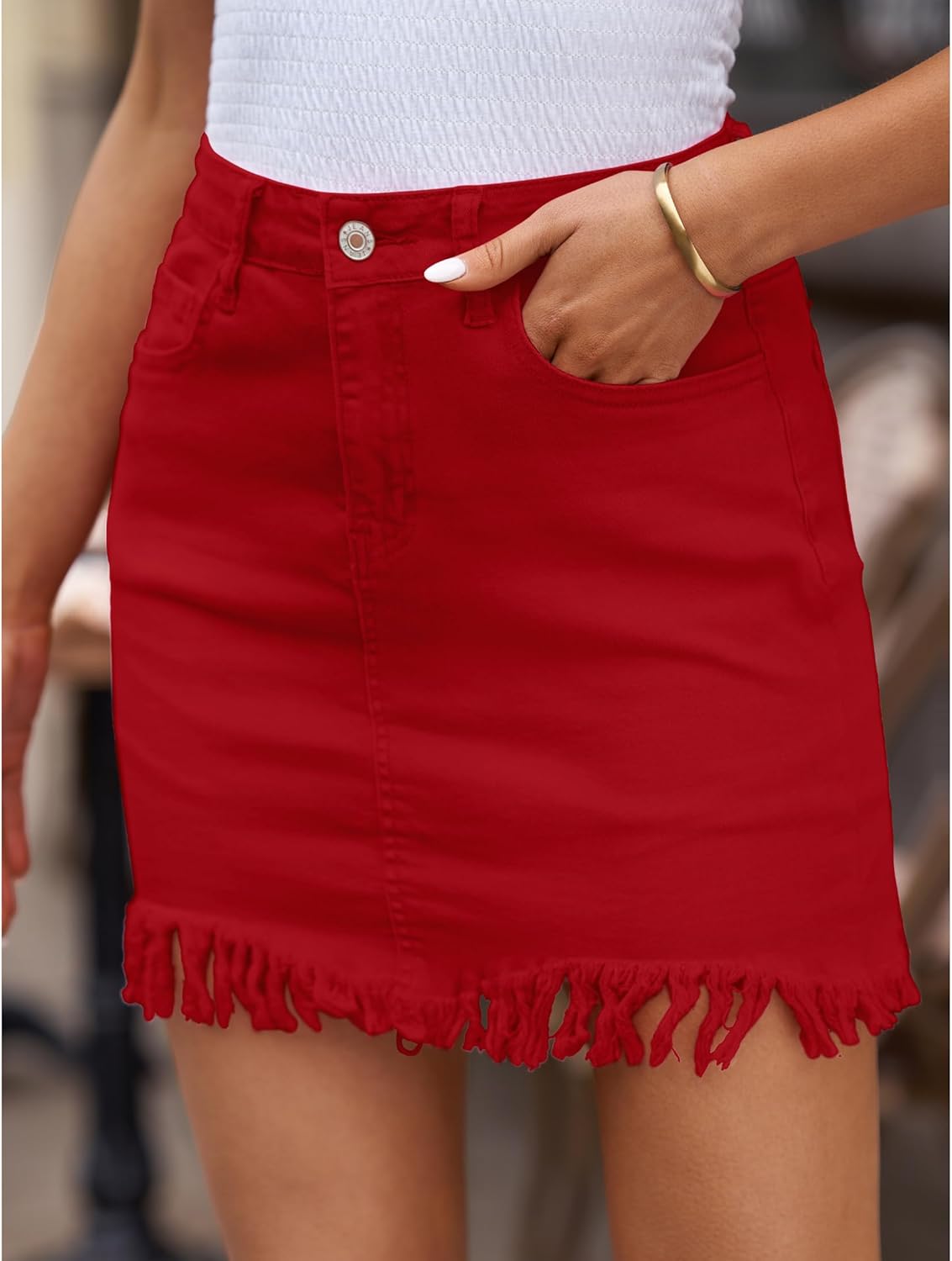 luvamia Womens Casual Mid Waisted Washed Frayed Pockets Denim Jean Short SkirtA1 Red