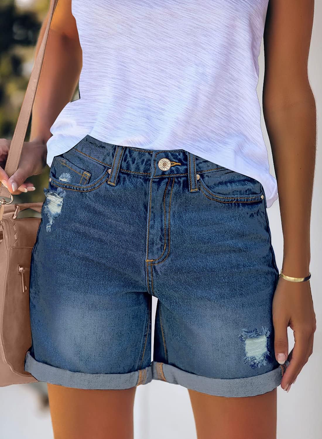 luvamia Womens Casual Ripped Denim Shorts High Rise Distressed Rolled Hem Jeans ShortsA After Dusk Blue