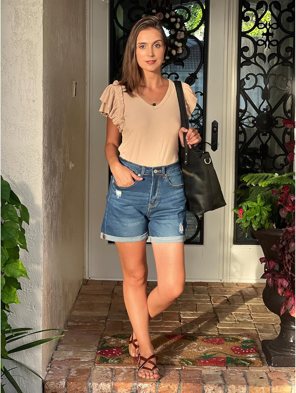 luvamia Womens Casual Ripped Denim Shorts High Rise Distressed Rolled Hem Jeans ShortsA After Dusk Blue