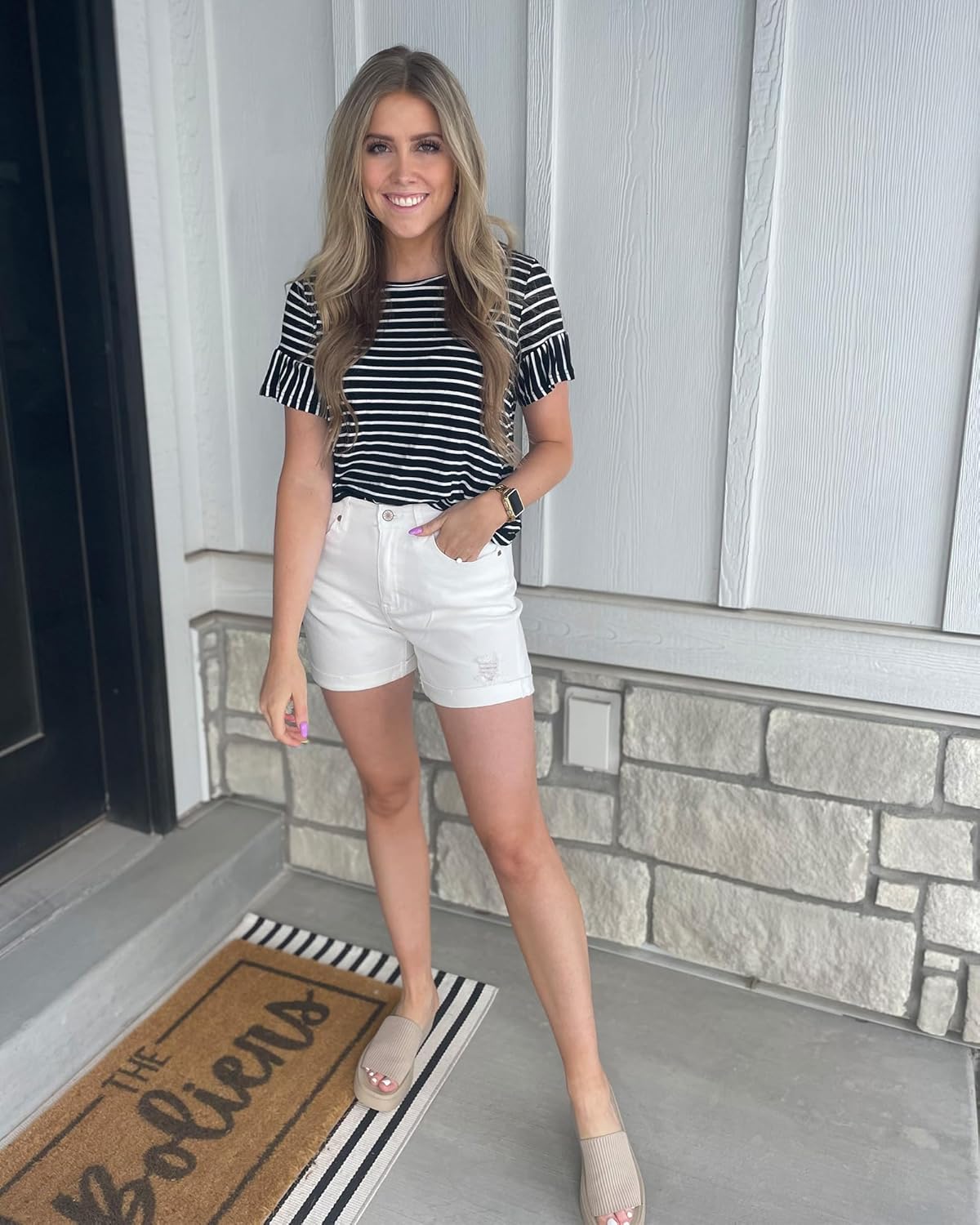 luvamia Womens Casual Ripped Denim Shorts High Rise Distressed Rolled Hem Jeans ShortsA Brilliant White