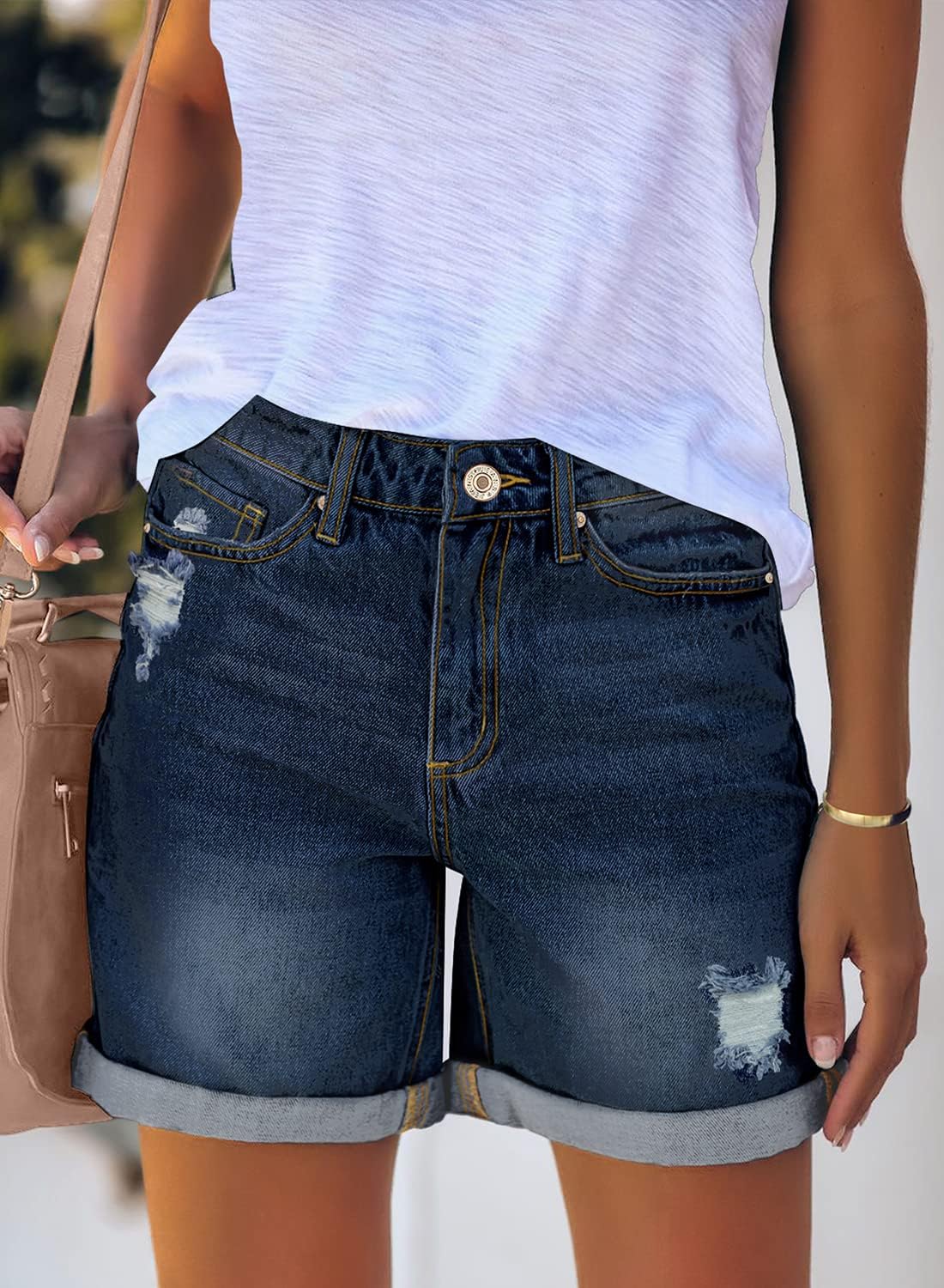 luvamia Womens Casual Ripped Denim Shorts High Rise Distressed Rolled Hem Jeans ShortsA Darkness Blue