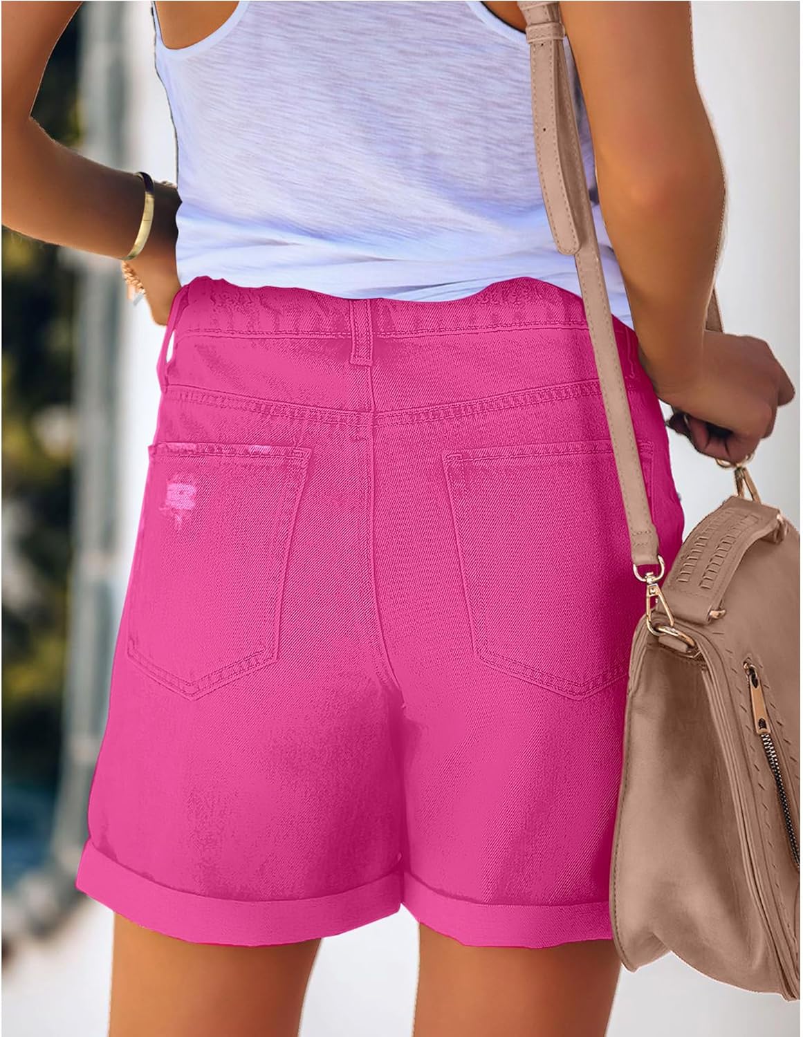 luvamia Womens Casual Ripped Denim Shorts High Rise Distressed Rolled Hem Jeans ShortsA Hot Pink