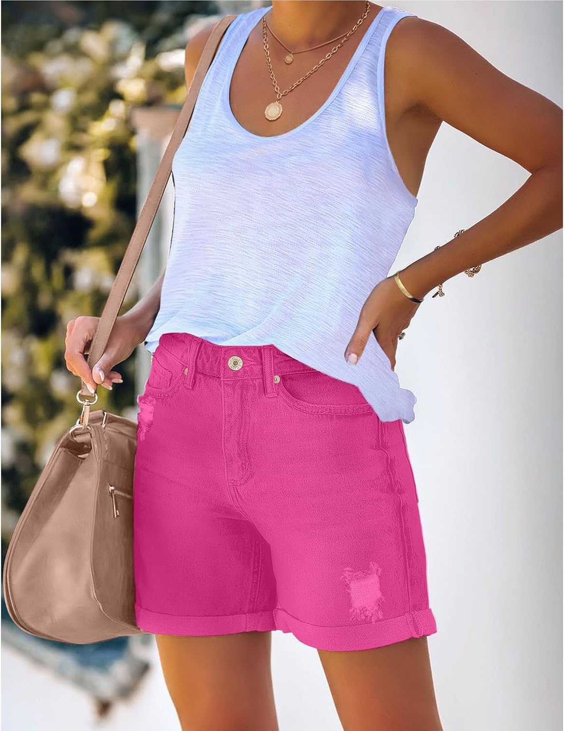 luvamia Womens Casual Ripped Denim Shorts High Rise Distressed Rolled Hem Jeans ShortsA Hot Pink