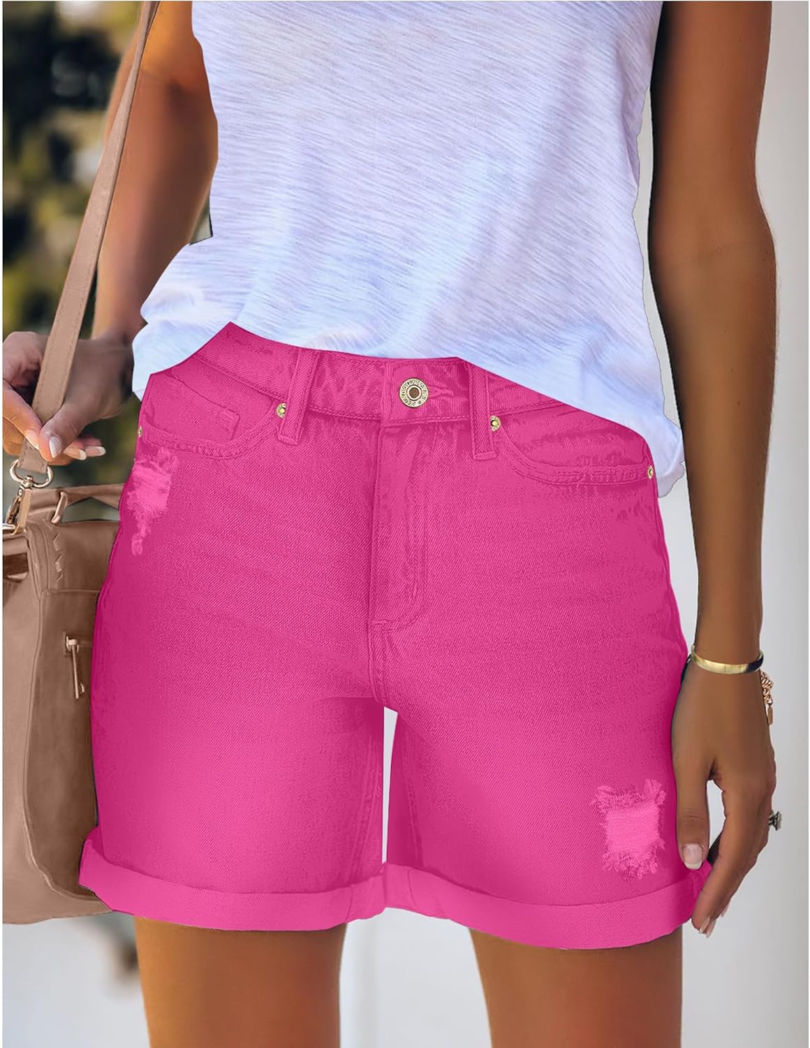 luvamia Womens Casual Ripped Denim Shorts High Rise Distressed Rolled Hem Jeans ShortsA Hot Pink