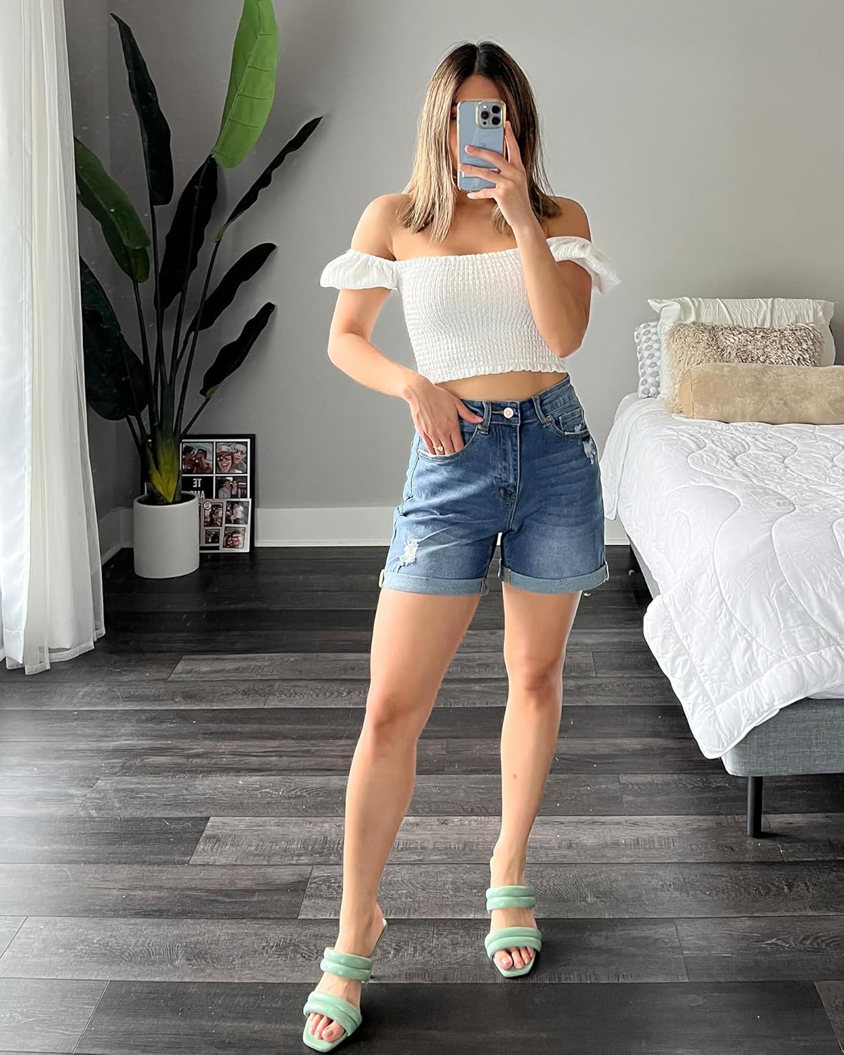 luvamia Womens Casual Ripped Denim Shorts High Rise Distressed Rolled Hem Jeans ShortsA Light Blue