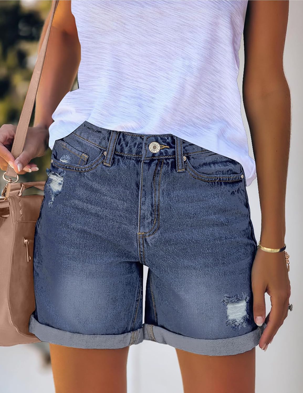 luvamia Womens Casual Ripped Denim Shorts High Rise Distressed Rolled Hem Jeans ShortsA Reef Blue