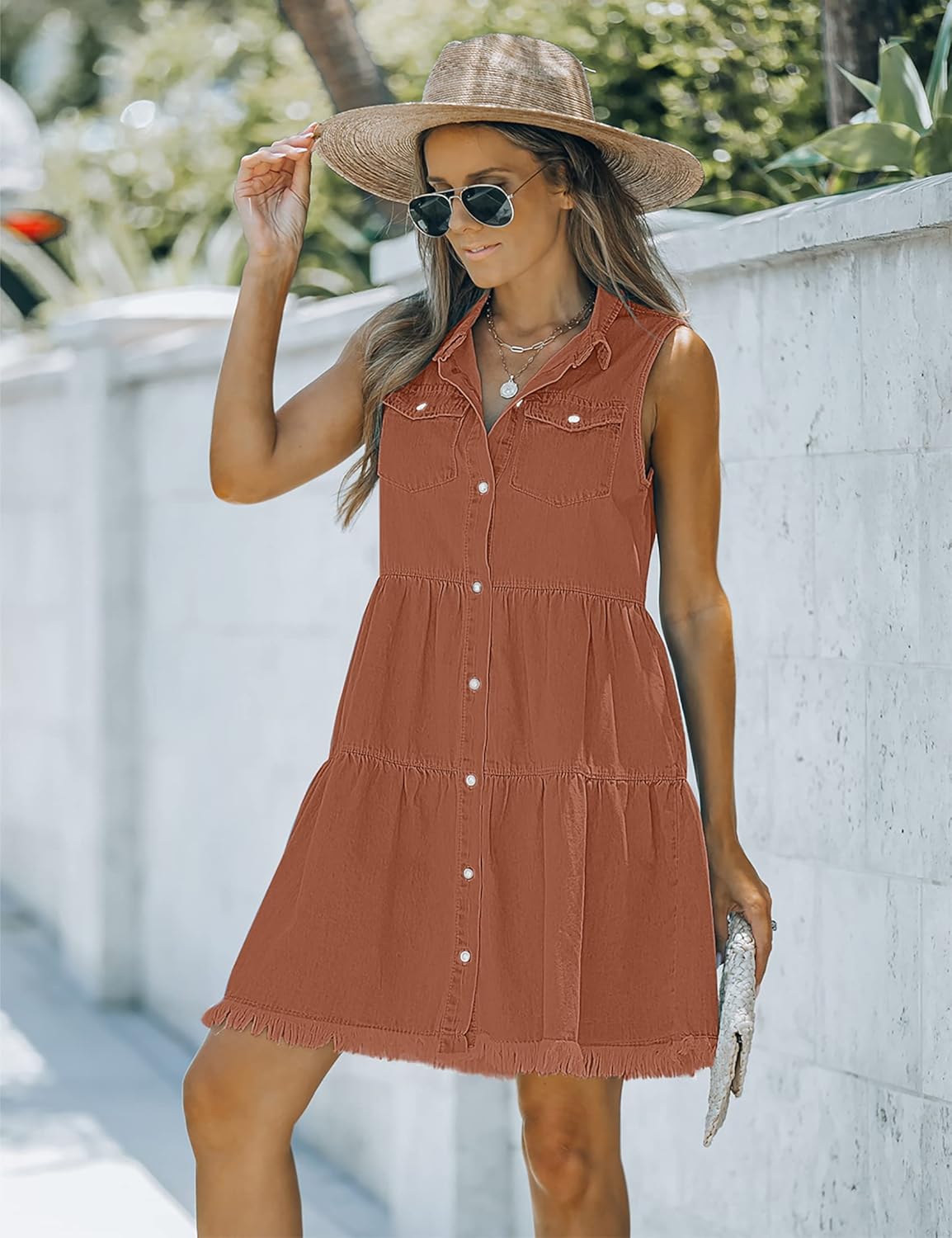 luvamia Womens Casual Summer Lapel Sleeveless Button Down Short Denim Jean DressA Amber Brown