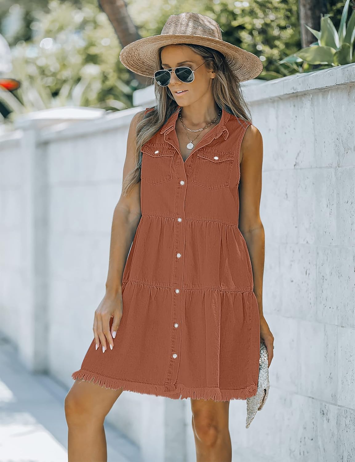 luvamia Womens Casual Summer Lapel Sleeveless Button Down Short Denim Jean DressA Amber Brown