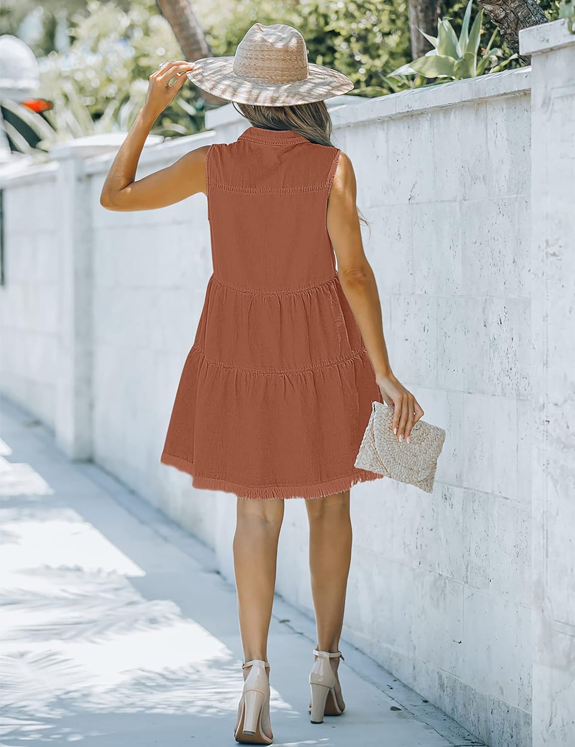 luvamia Womens Casual Summer Lapel Sleeveless Button Down Short Denim Jean DressA Amber Brown