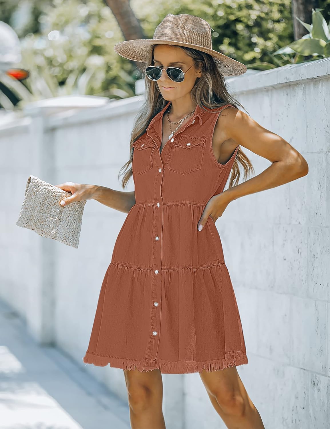 luvamia Womens Casual Summer Lapel Sleeveless Button Down Short Denim Jean DressA Amber Brown