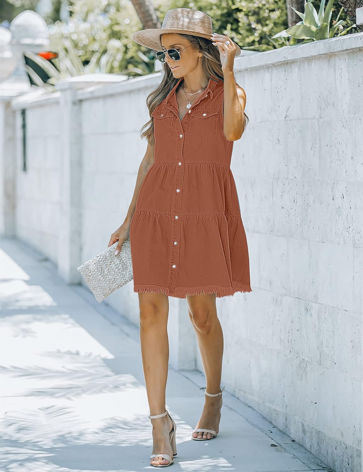 luvamia Womens Casual Summer Lapel Sleeveless Button Down Short Denim Jean DressA Amber Brown