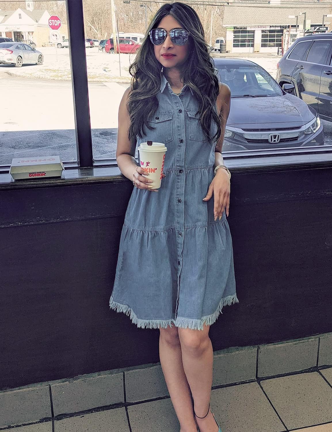 luvamia Womens Casual Summer Lapel Sleeveless Button Down Short Denim Jean DressA Azure Glow