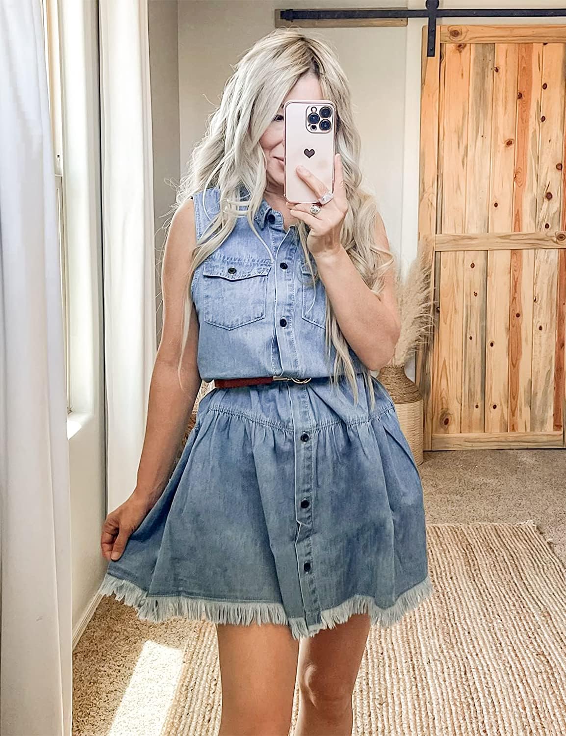 luvamia Womens Casual Summer Lapel Sleeveless Button Down Short Denim Jean DressA Azure Glow