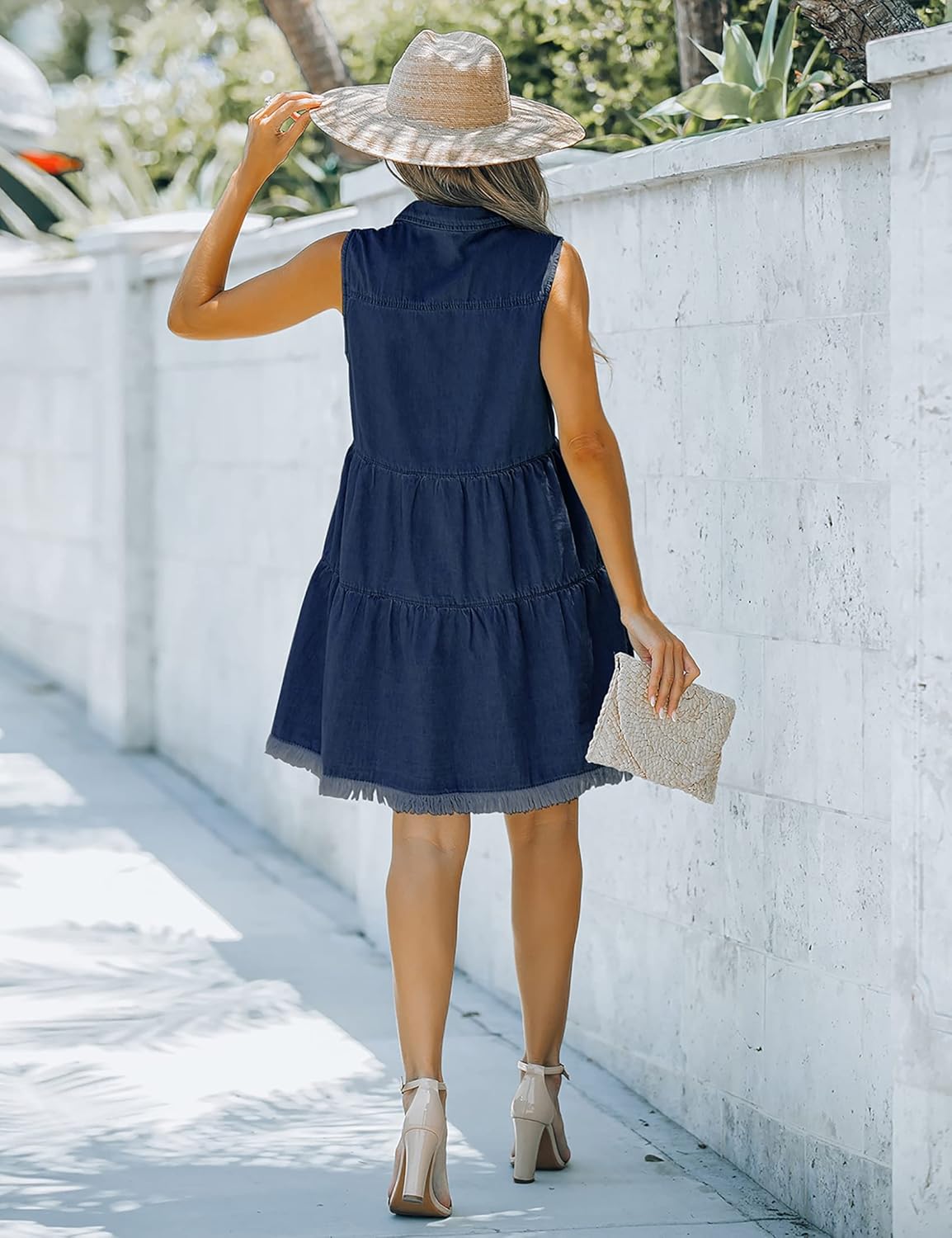 luvamia Womens Casual Summer Lapel Sleeveless Button Down Short Denim Jean DressA Brilliant Blue