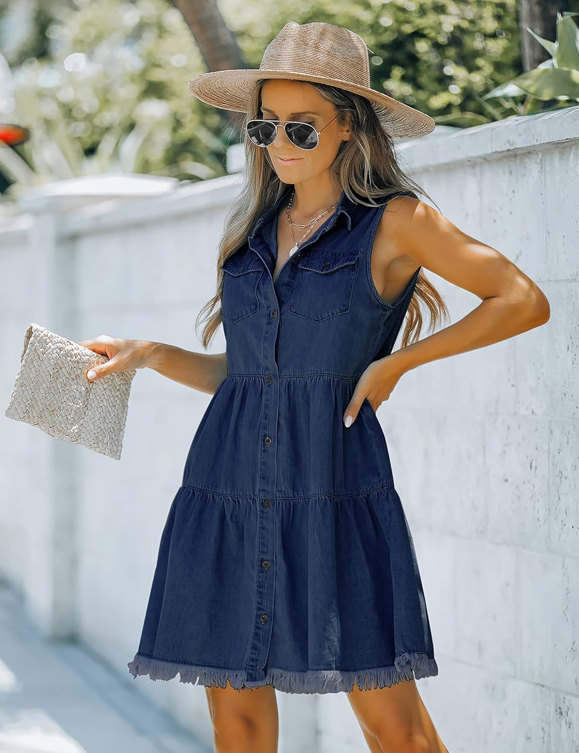 luvamia Womens Casual Summer Lapel Sleeveless Button Down Short Denim Jean DressA Brilliant Blue