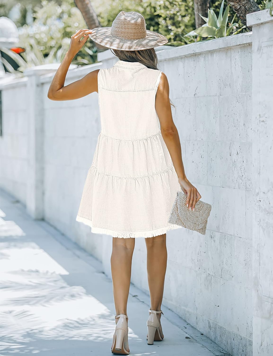 luvamia Womens Casual Summer Lapel Sleeveless Button Down Short Denim Jean DressA Brilliant White