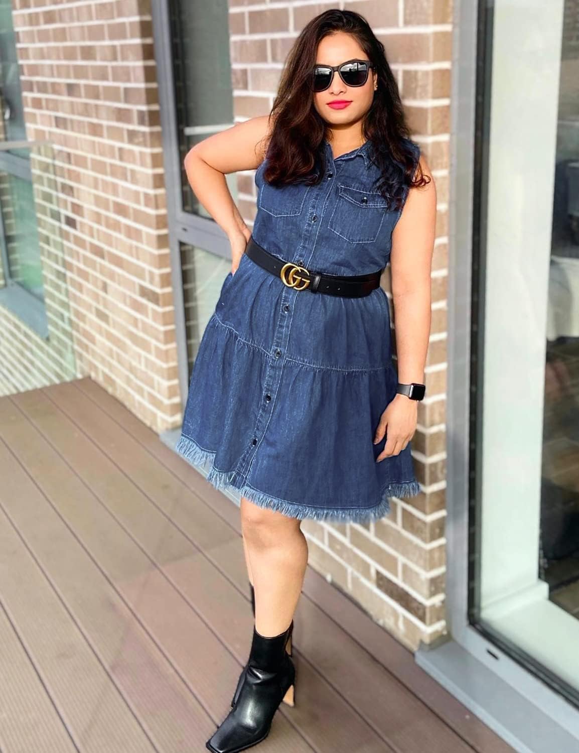 luvamia Womens Casual Summer Lapel Sleeveless Button Down Short Denim Jean DressA Deep Cobalt Blue