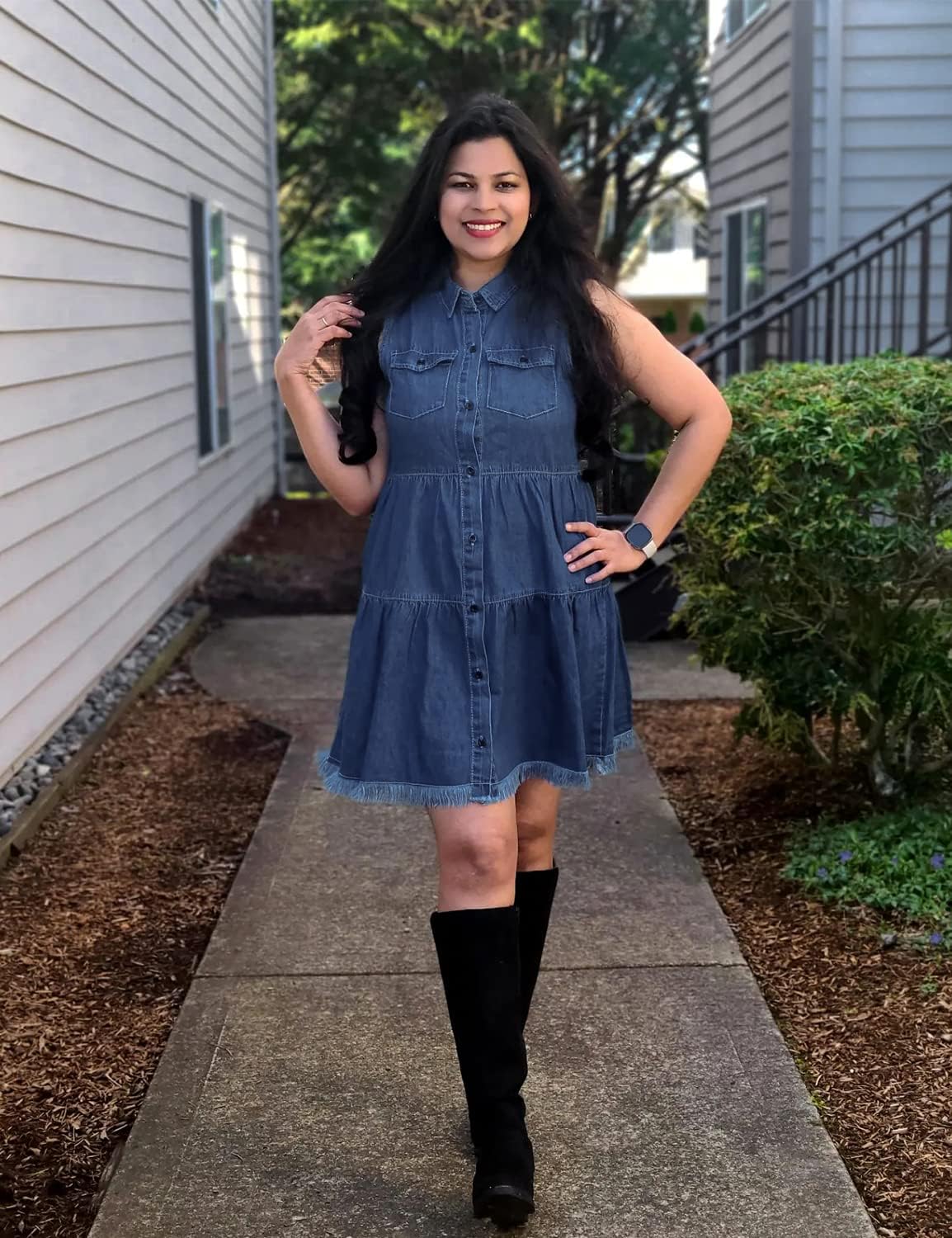 luvamia Womens Casual Summer Lapel Sleeveless Button Down Short Denim Jean DressA Deep Cobalt Blue