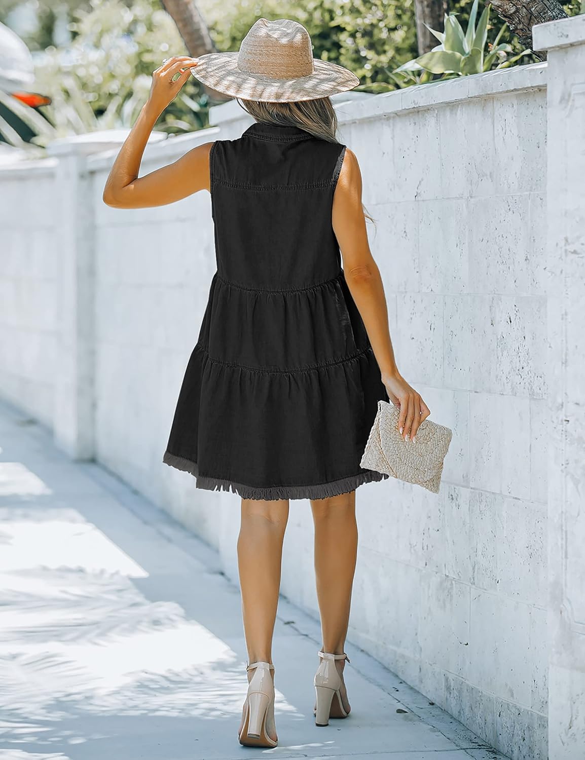 luvamia Womens Casual Summer Lapel Sleeveless Button Down Short Denim Jean DressA Faded Black