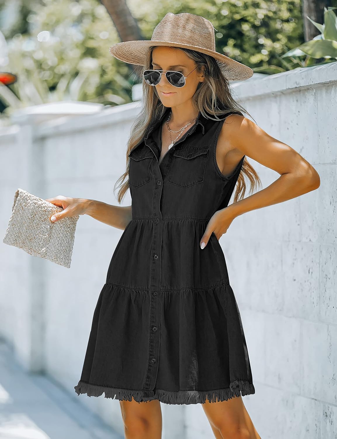 luvamia Womens Casual Summer Lapel Sleeveless Button Down Short Denim Jean DressA Faded Black