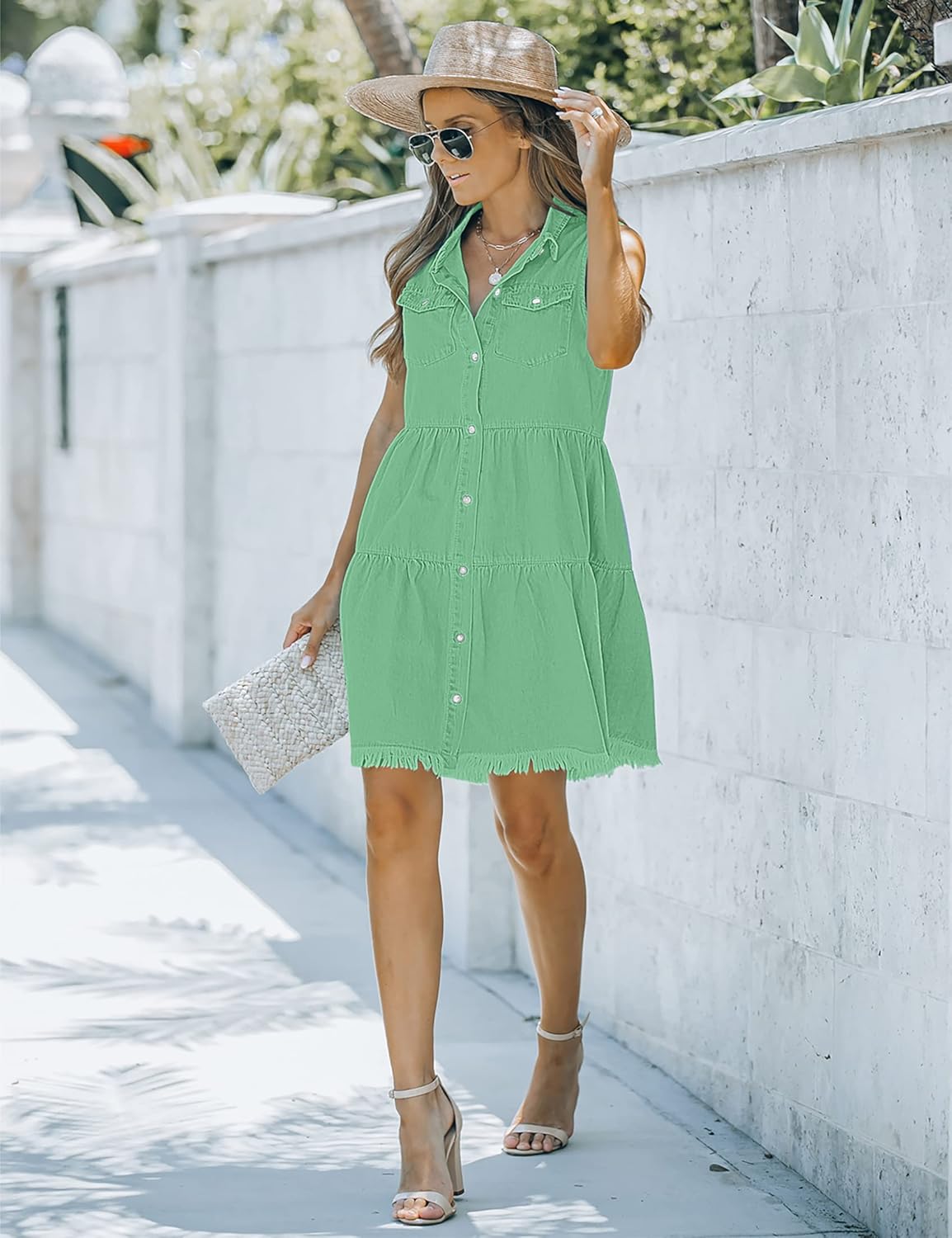 luvamia Womens Casual Summer Lapel Sleeveless Button Down Short Denim Jean DressA Green Ash