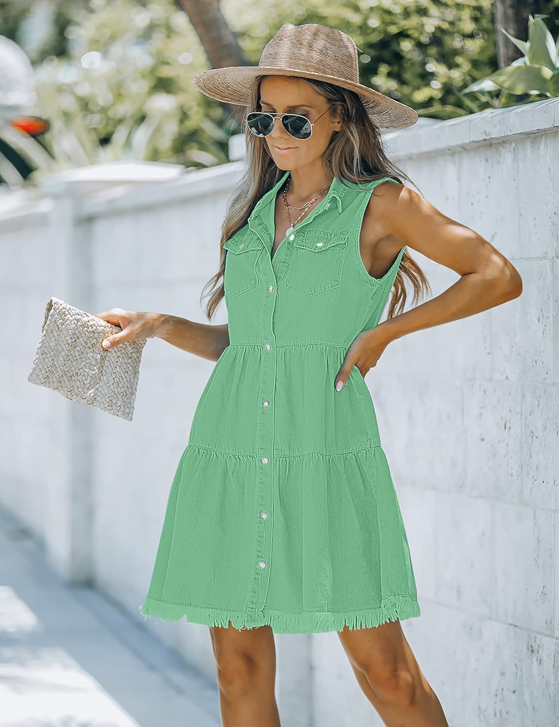 luvamia Womens Casual Summer Lapel Sleeveless Button Down Short Denim Jean DressA Green Ash