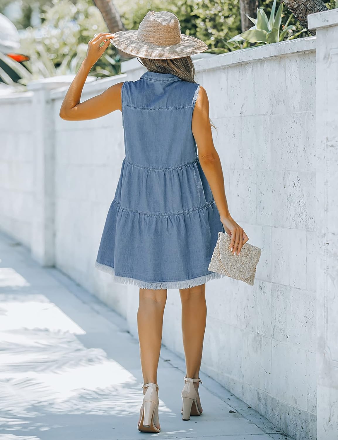 luvamia Womens Casual Summer Lapel Sleeveless Button Down Short Denim Jean DressA Lagoon Blue