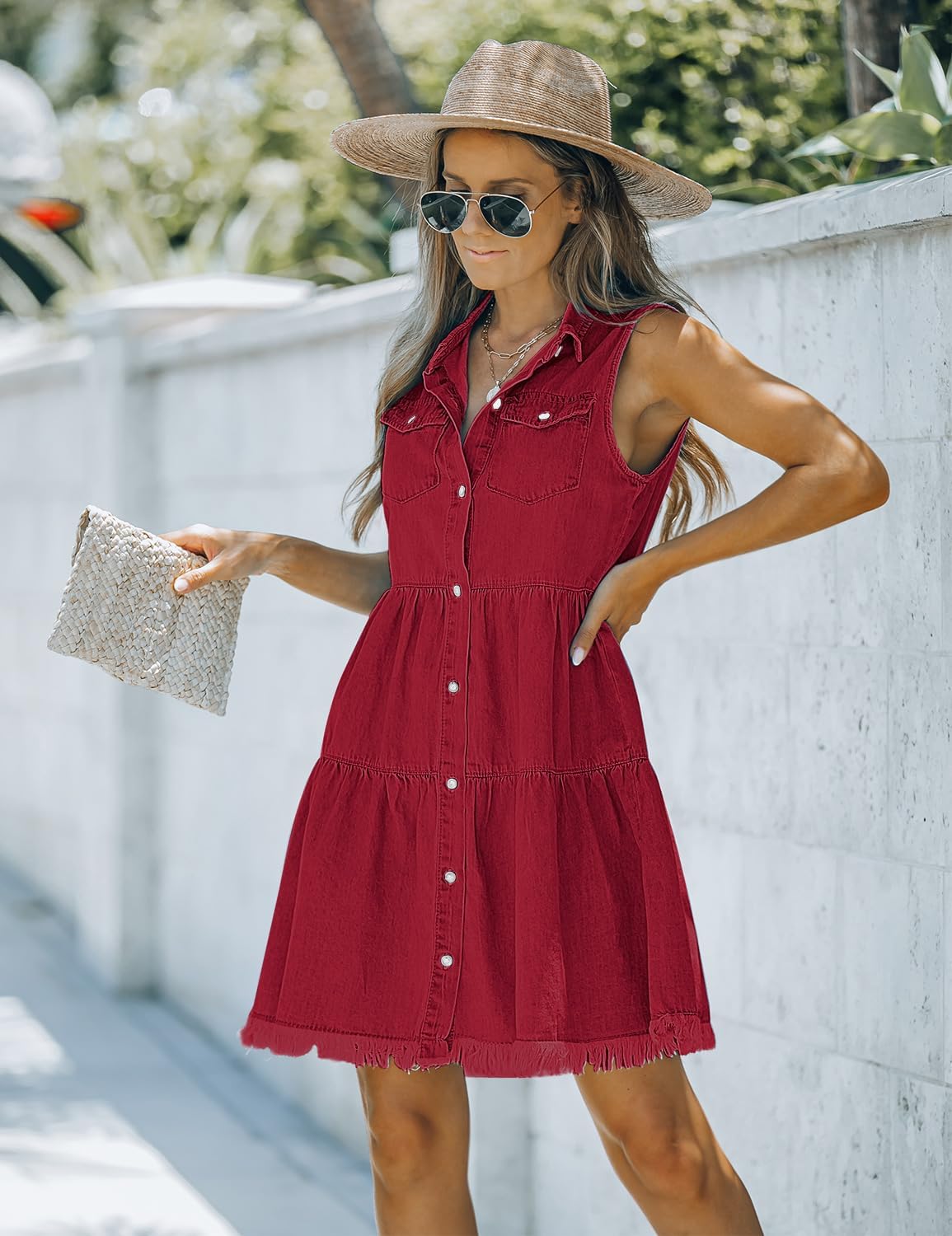 luvamia Womens Casual Summer Lapel Sleeveless Button Down Short Denim Jean DressDark Red