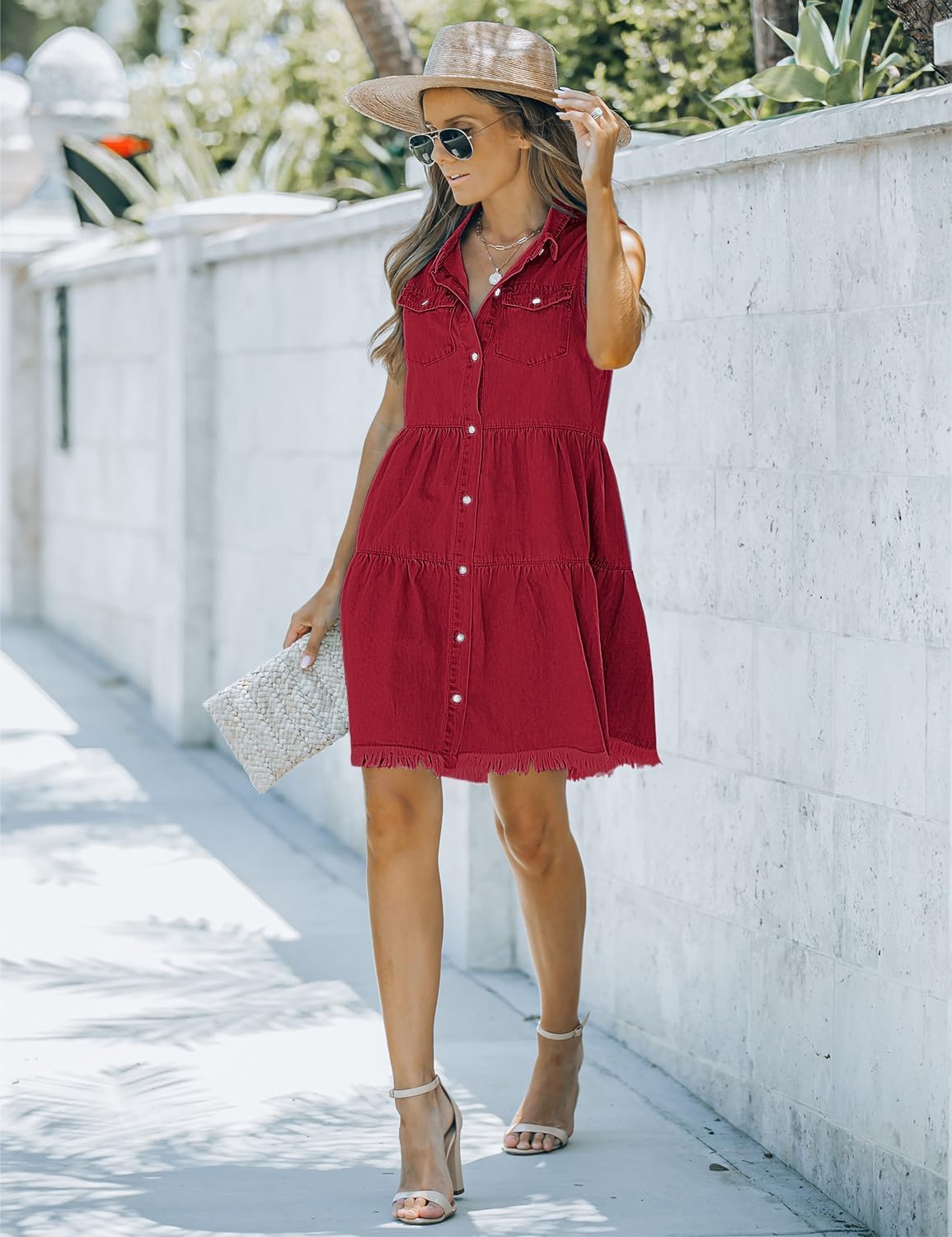 luvamia Womens Casual Summer Lapel Sleeveless Button Down Short Denim Jean DressDark Red